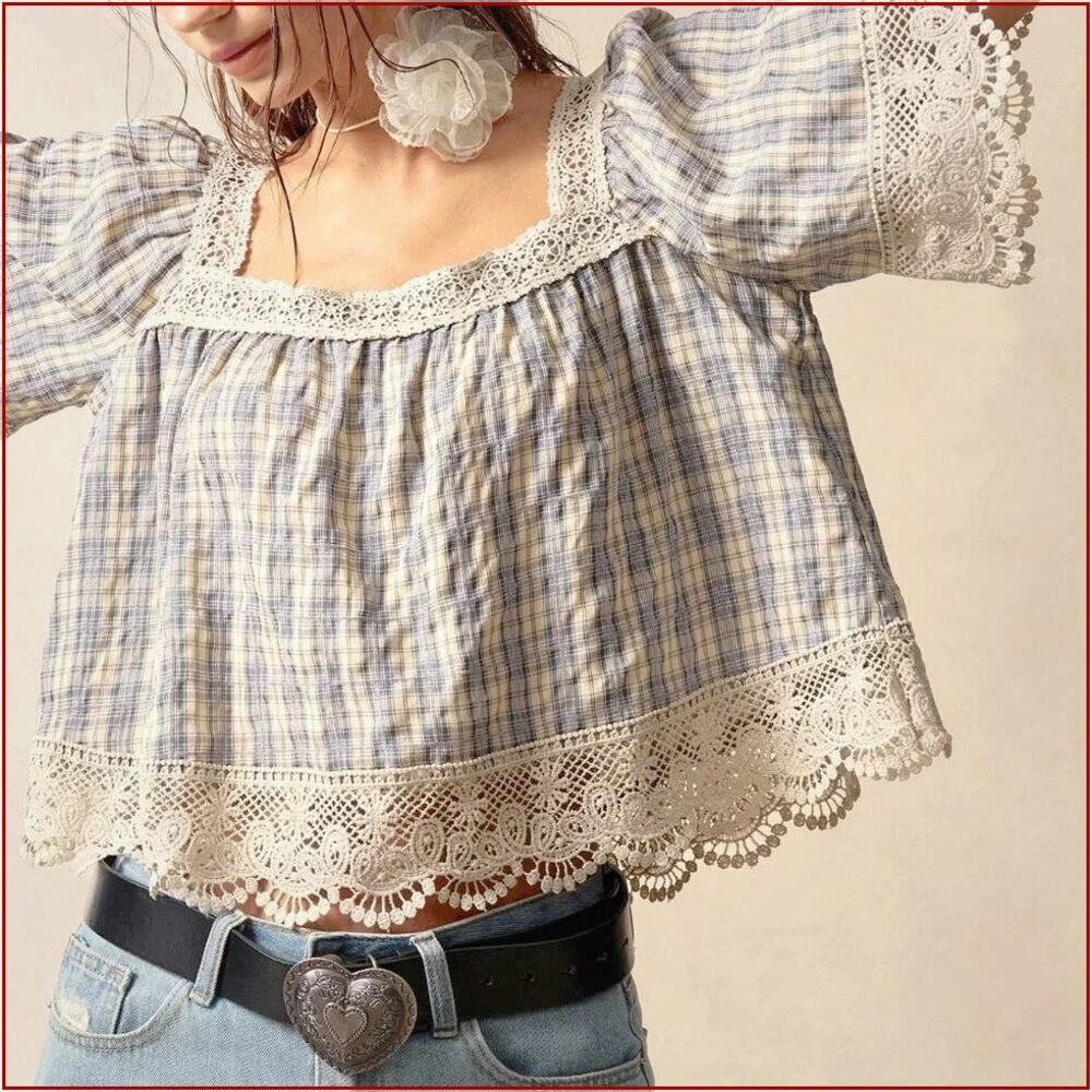 Multicolor Cute Women's Woven Plaid Square Collar Loose Short Sleeve Blouse